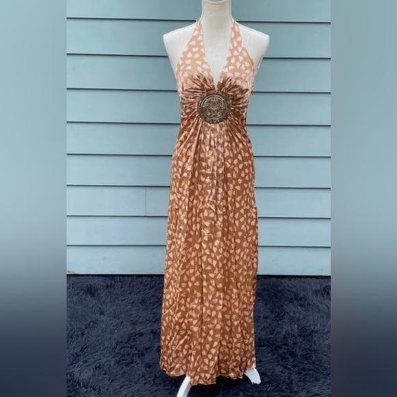 NWT Y2K Sky Silk Heart Print Maxi Dress w Cutout - Picture 1 of 9